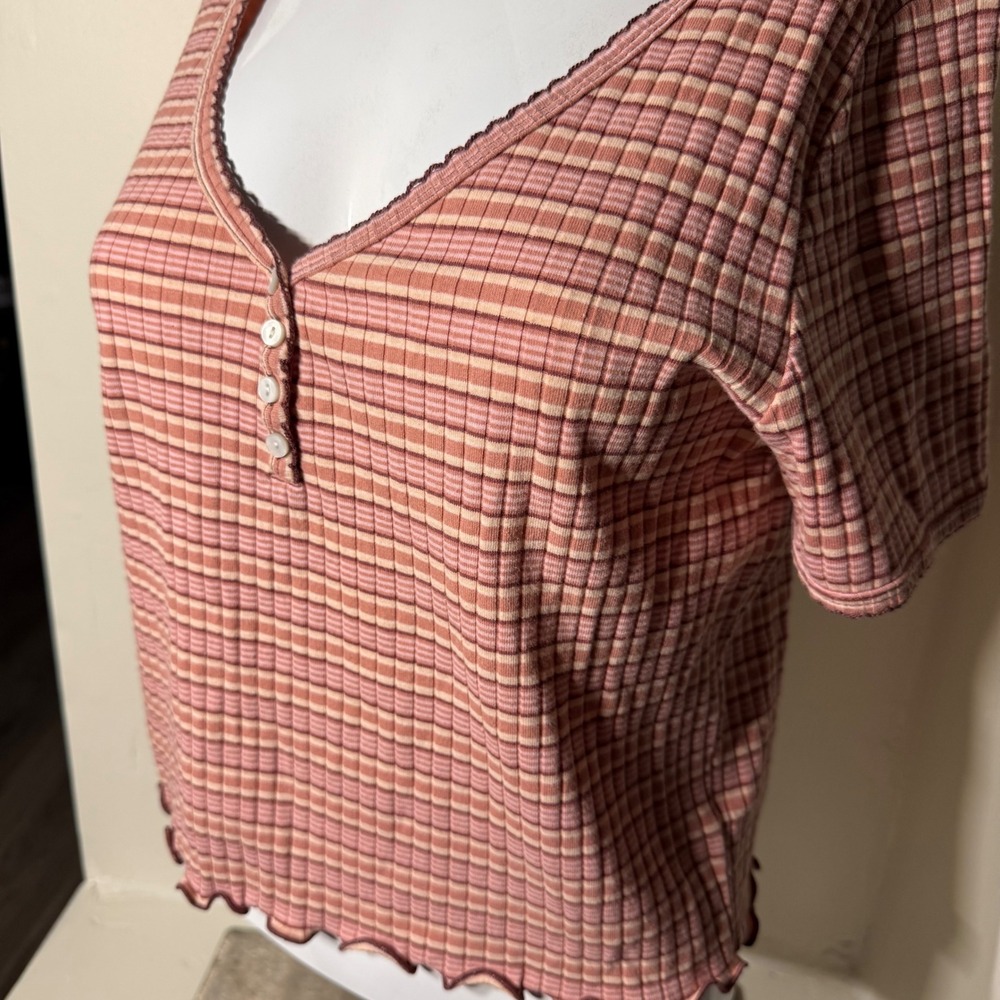 Y2k American Eagle Ribbed Stripe Henley Top Pink Large